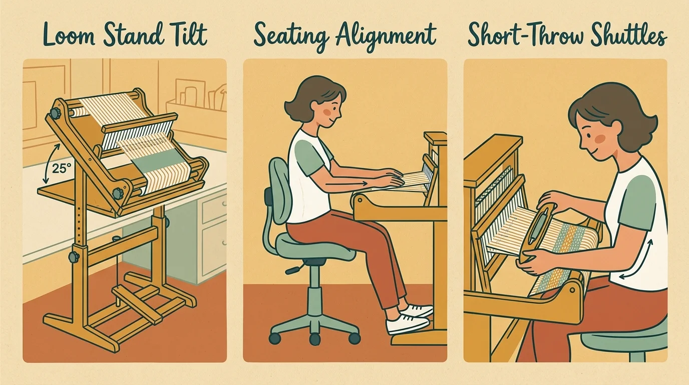 Three-panel illustration showing loom stand tilt at 25 degrees, seating alignment at a loom, and short-throw shuttle use.