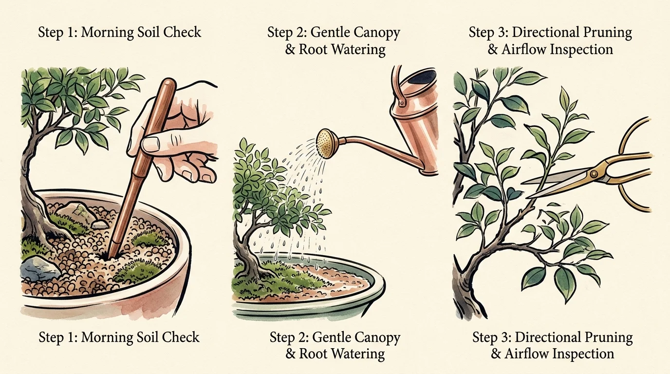 Three illustrations showing bonsai maintenance: checking substrate with a tool, watering the tree, and pruning branches.