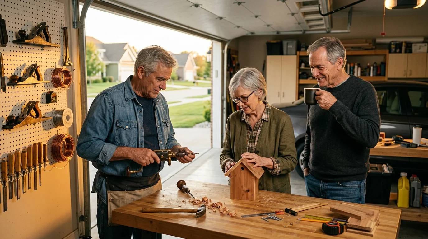 Three older adults gather around a wooden workbench in a garage workshop to build a wooden birdhouse together.