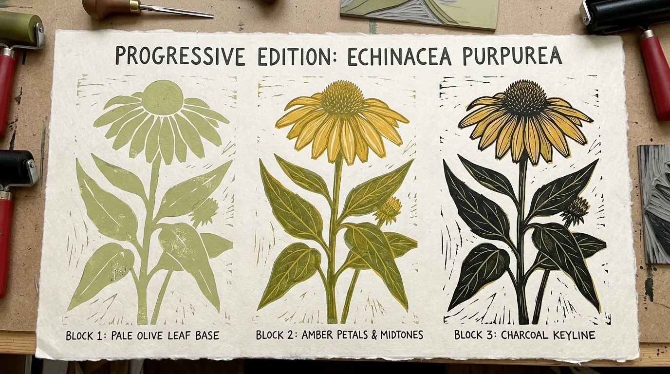 Three-stage linocut print test of a coneflower showing light green base, amber midtones, and black keyline layers.