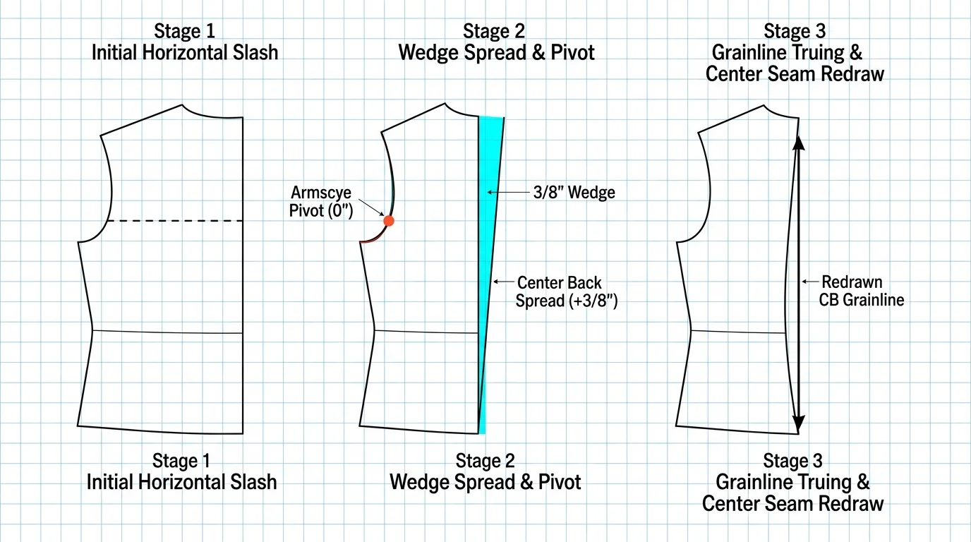 Pattern drafting diagram in three stages showing an initial horizontal slash, wedge spread with armscye pivot, and trued grainline.