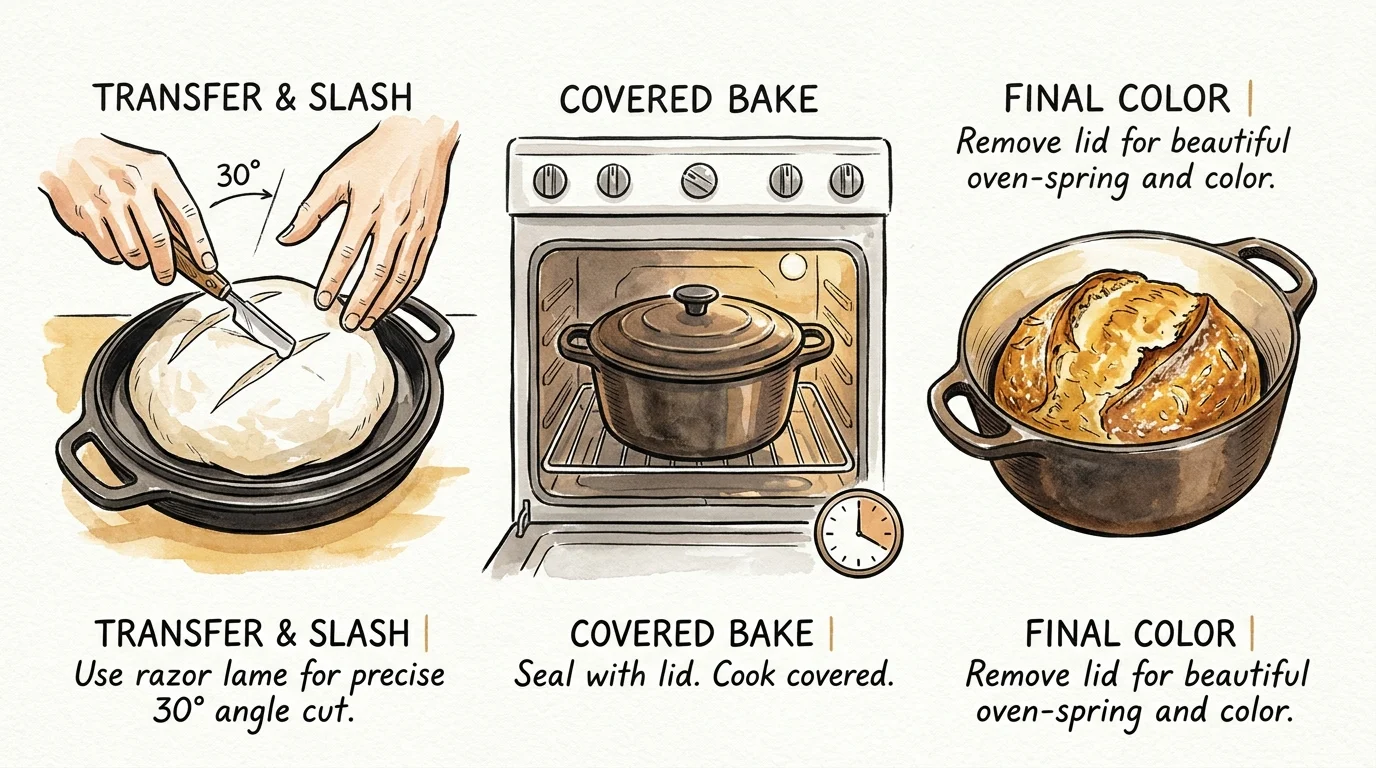 Three-step watercolor illustration showing dough scoring, baking inside a covered Dutch oven, and the finished loaf.