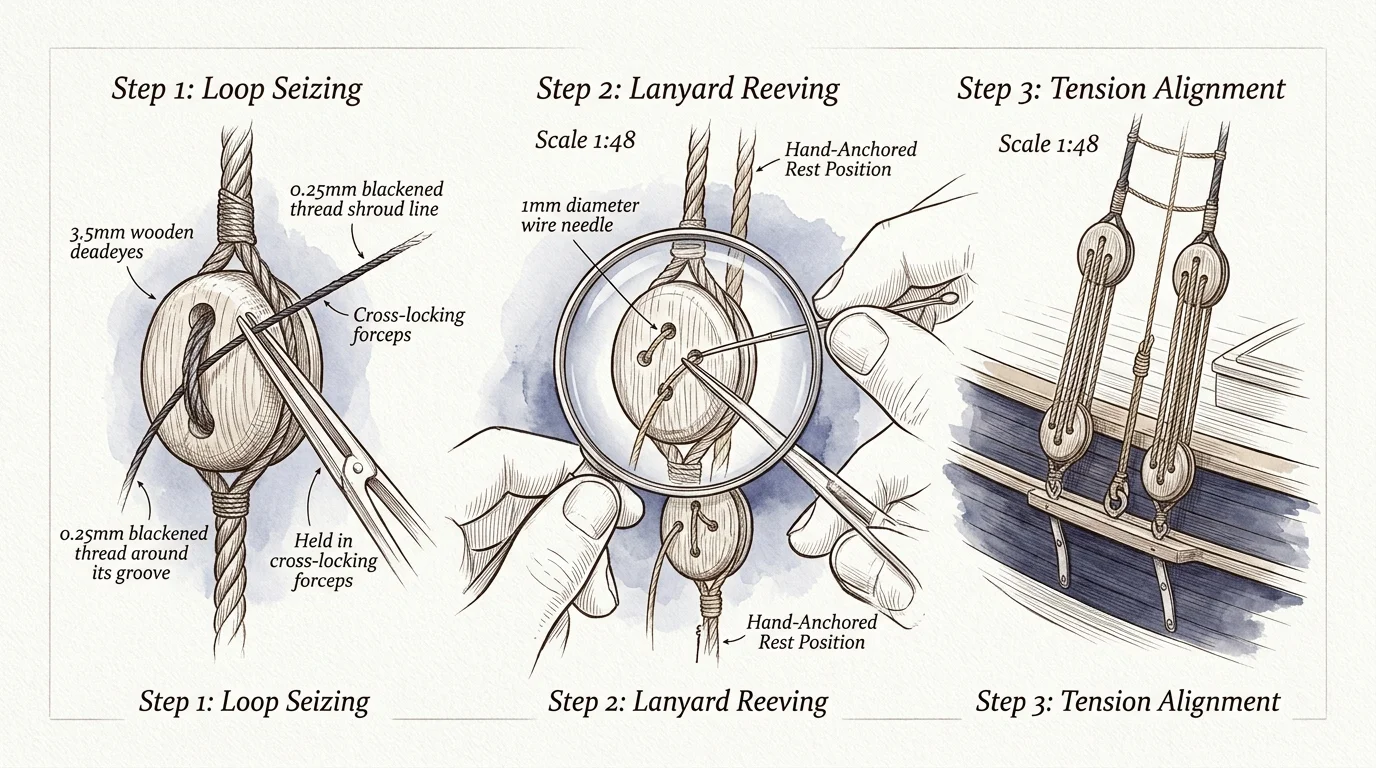 Three-panel diagram illustrating loop seizing, lanyard reeving under magnification, and tension alignment on model deadeyes.