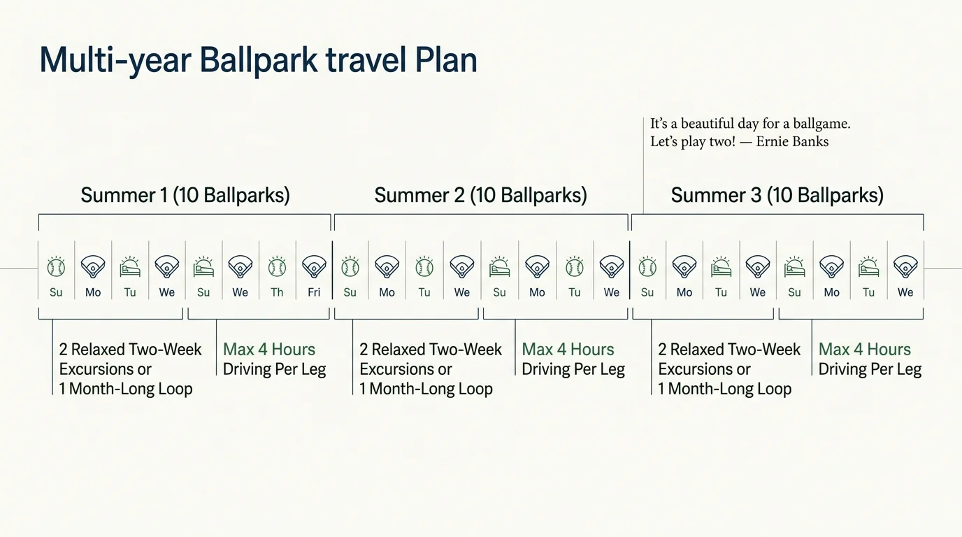 Diagram outlining a multi-year ballpark travel plan across three summers, each scheduling 10 ballparks with travel details.