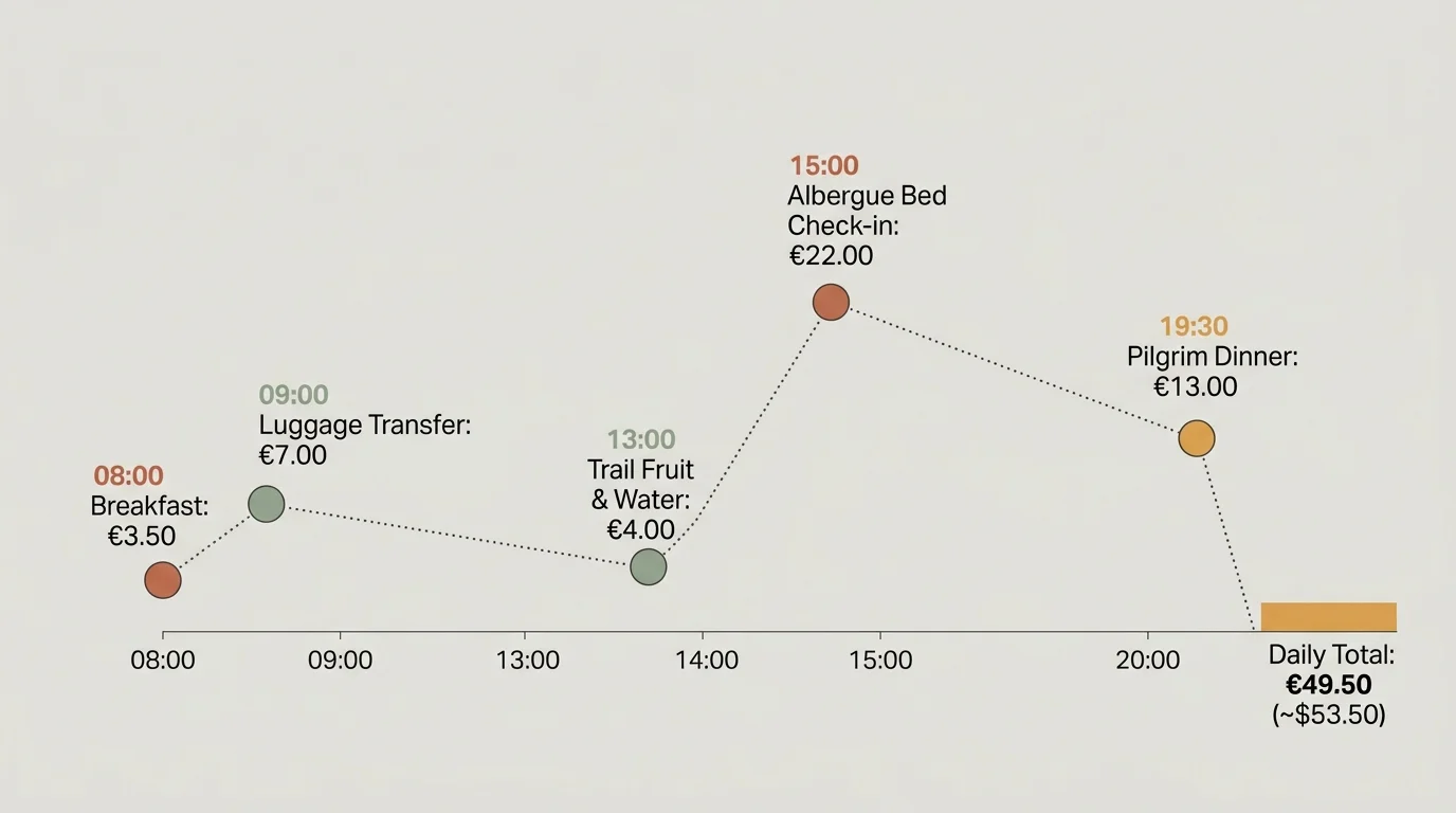 Line graph plotting daily expenses from morning breakfast to dinner, totaling 49.50 euros for a single day on the trail.
