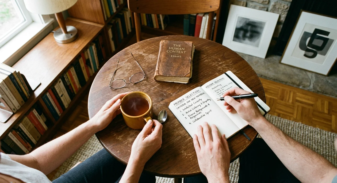 Overhead view of hands writing member selection criteria in a notebook beside tea and a vintage book on a round table.