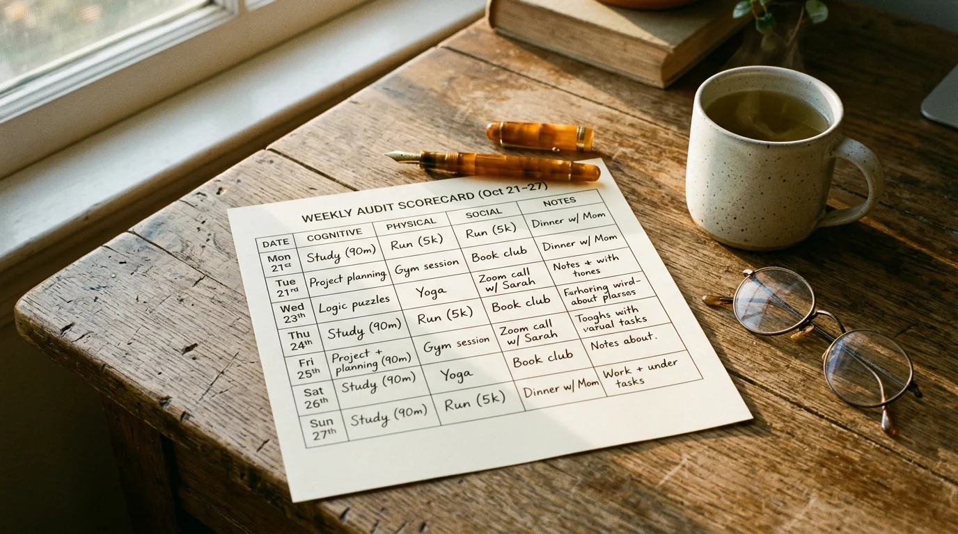 Weekly audit scorecard sheet on a wooden desk beside a fountain pen, eyeglasses, and a ceramic mug near a window.