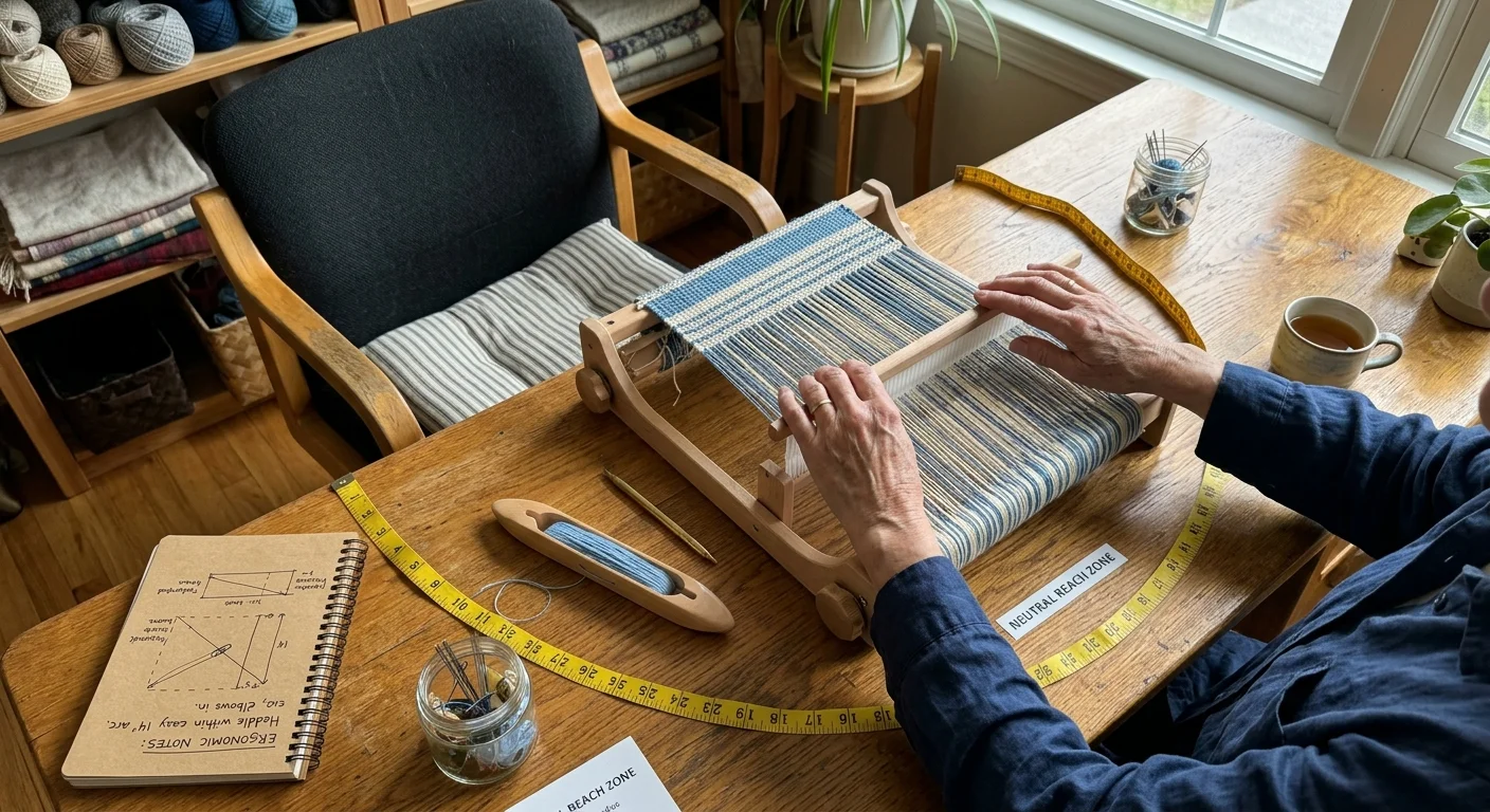 Hands operating a small tabletop loom encircled by a measuring tape marking the neutral reach zone on an oak desk.