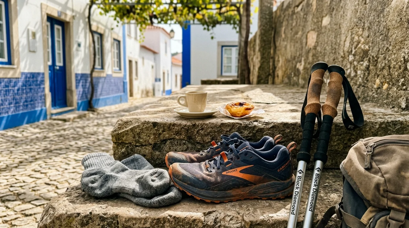 Hiking shoes, socks, walking poles, a backpack, an espresso, and a pastry rest on a stone ledge in a village alley.
