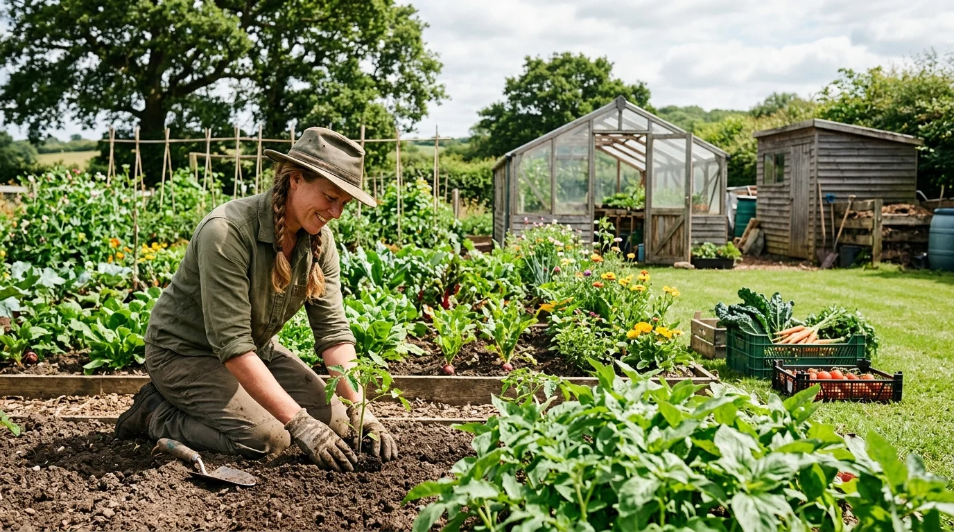 Woman planting seedlings in a backyard garden bed beside flowers, vegetables, and a wooden greenhouse.