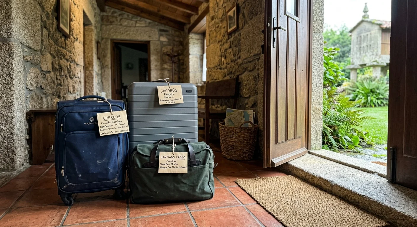 Three tagged suitcases and bags sit on a terracotta tile floor inside an open stone doorway leading to a garden.