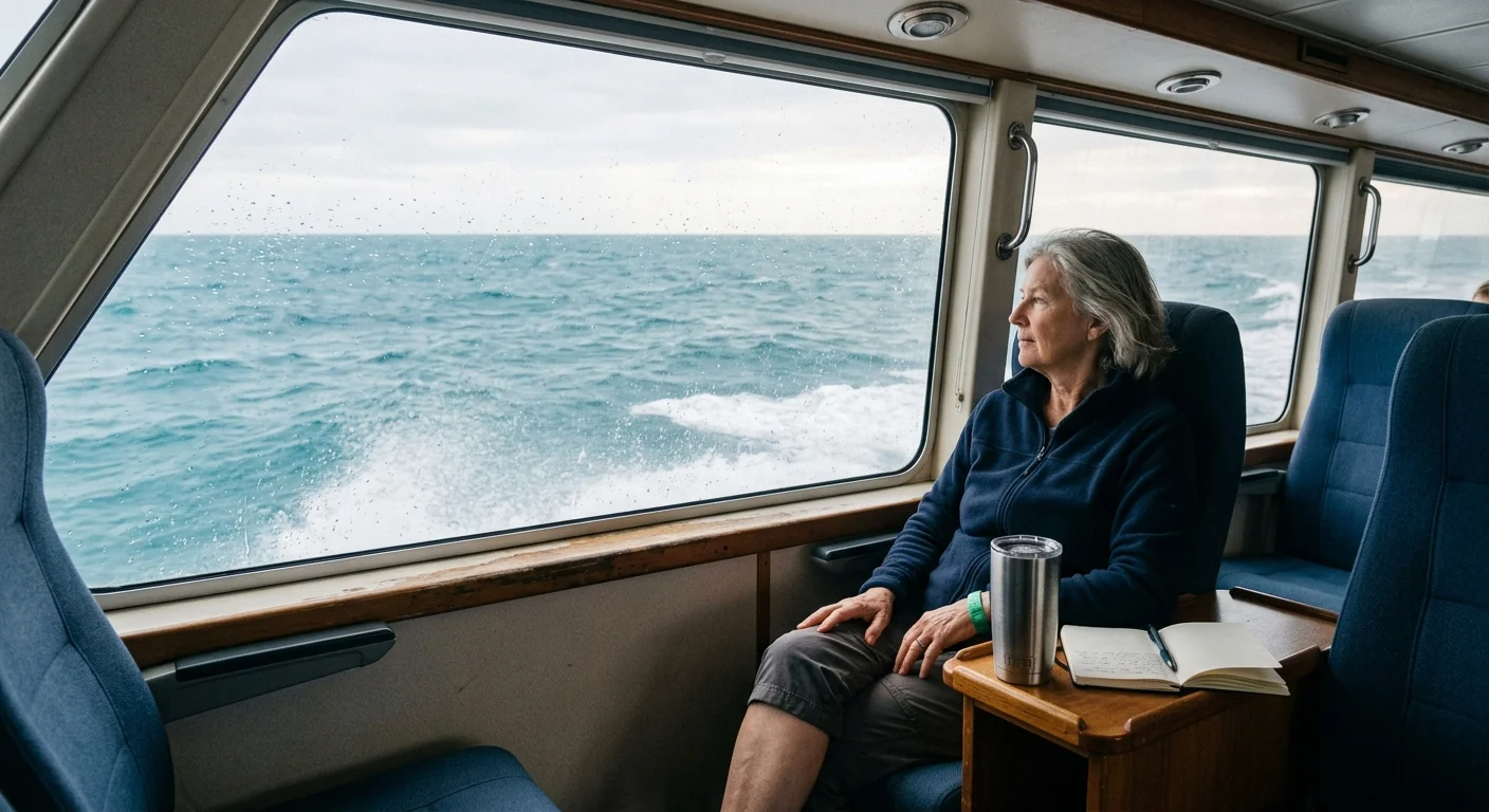 An older woman sits inside a catamaran, gazing out a large window at ocean waves with a notebook and cup beside her.