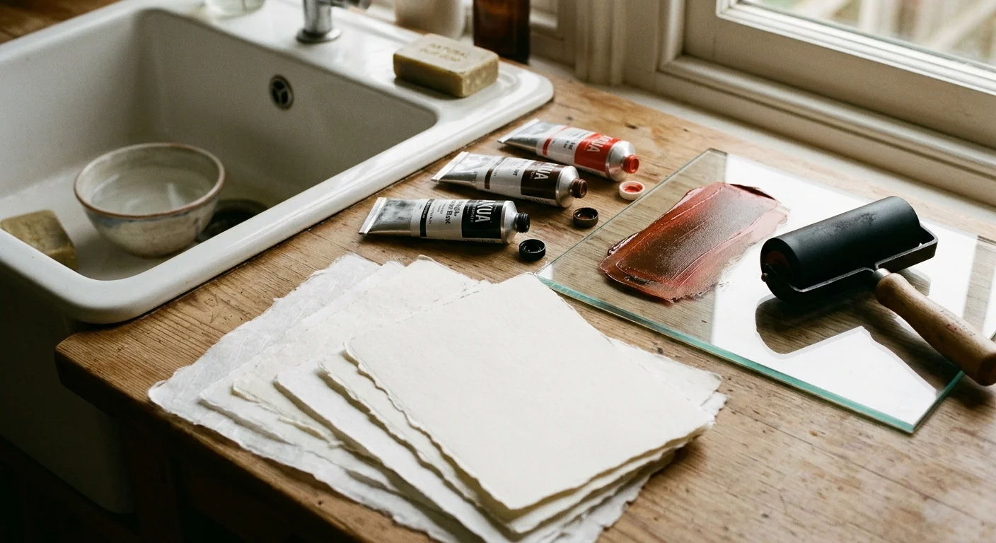 Printmaking brayer, glass inking plate with ink, tubes of paint, and deckle-edged paper next to a kitchen sink.