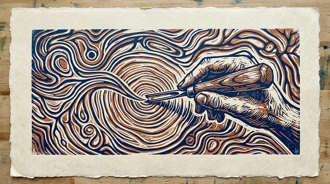 Linocut print of a hand carving concentric, swirling woodgrain lines with a gouge tool on deckle-edge paper.