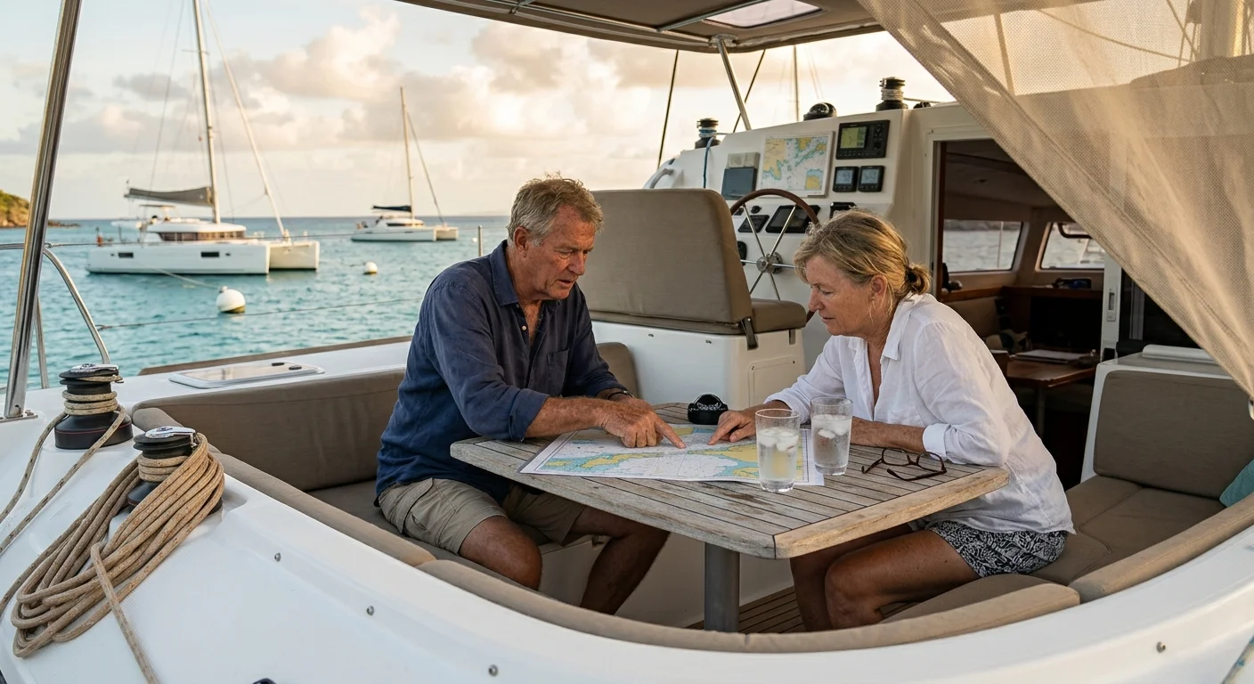 A man and woman sit at a table on a catamaran deck, studying a nautical navigational chart together.
