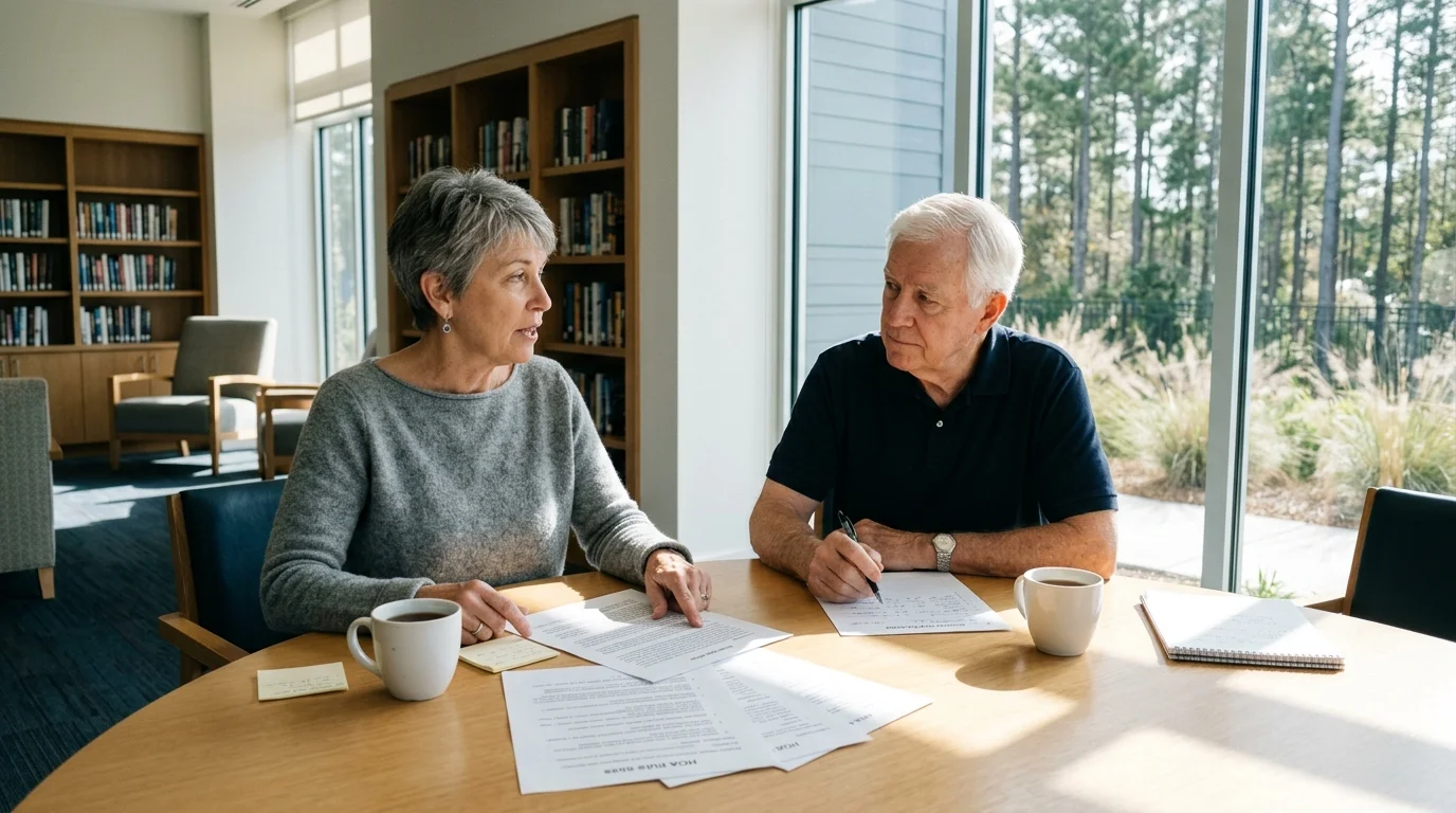 A senior man and woman sit at a table by a window reviewing paperwork and drinking coffee in a community room.