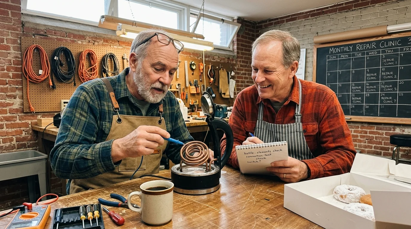 Two senior men in aprons collaborate at a workbench, using a multimeter on an opened electric kettle.
