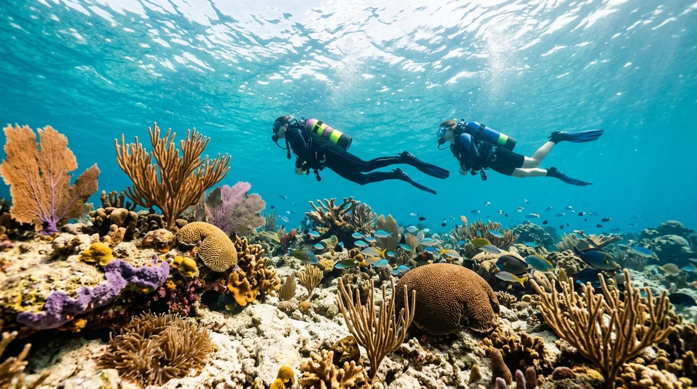 Two scuba divers swim above a vibrant coral reef in clear turquoise water filled with small tropical fish.