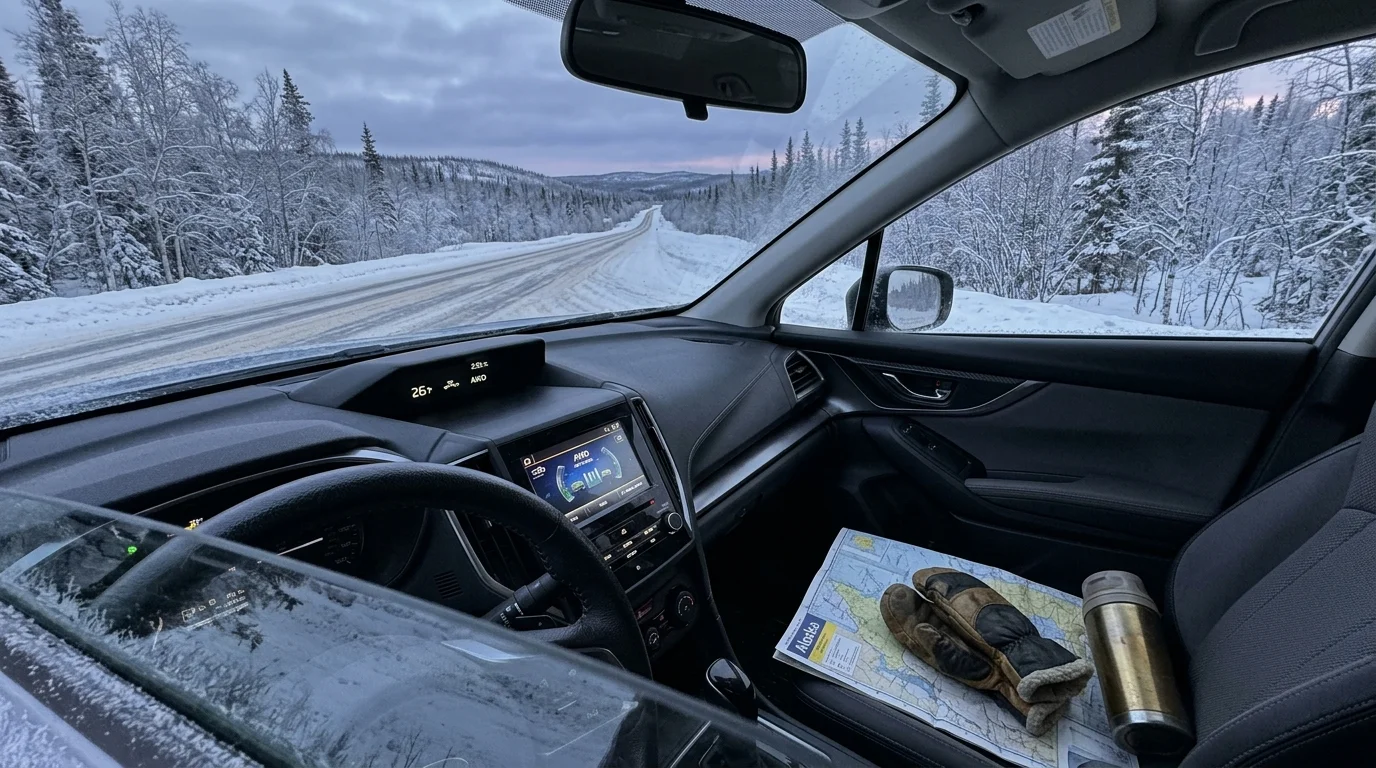 Car interior looking through the windshield at a snow-covered highway flanked by winter forest, with a map on the seat.