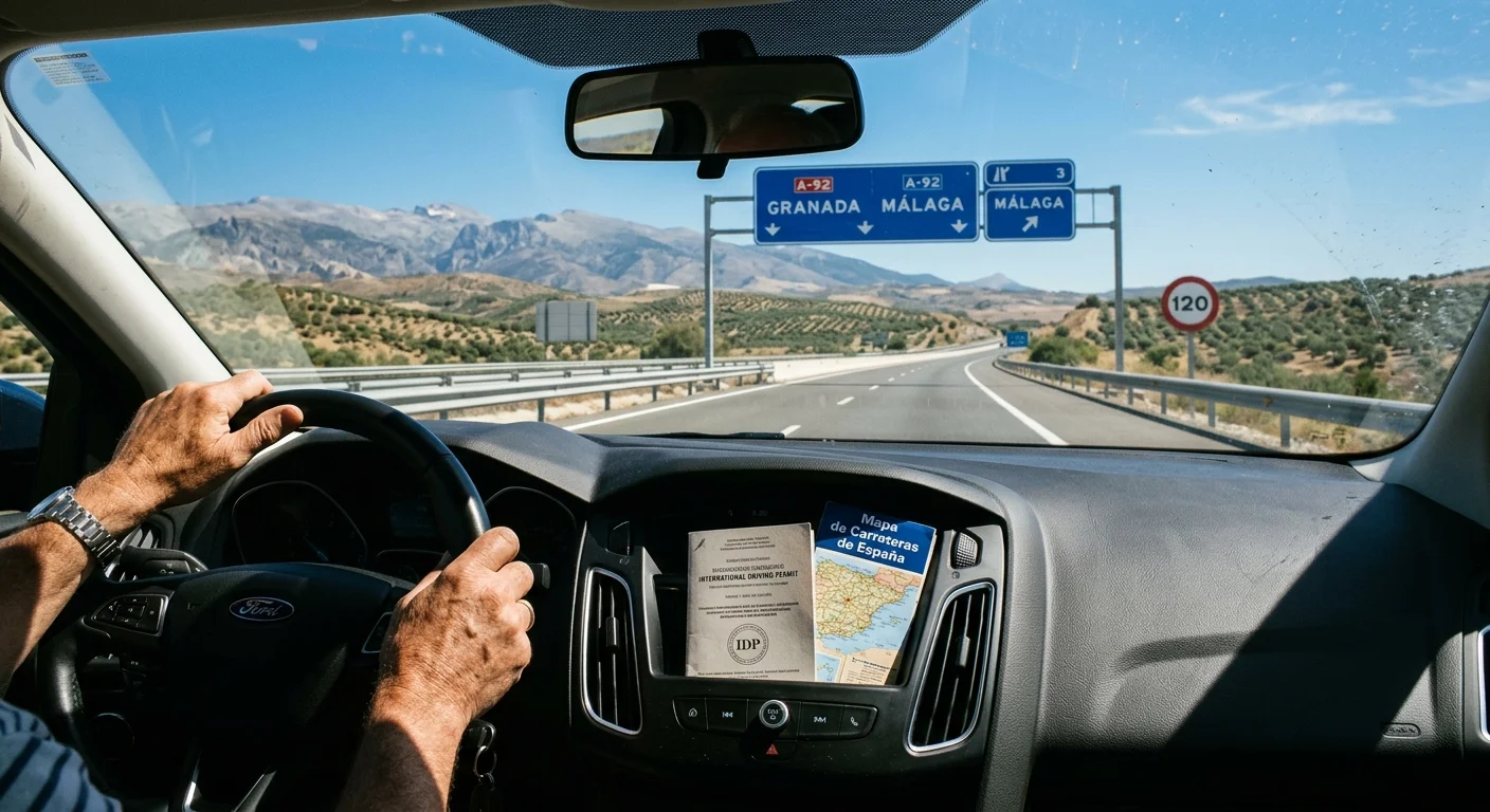 View from inside a car driving on a Spanish highway toward Granada and Málaga, with a driving permit on the dashboard.