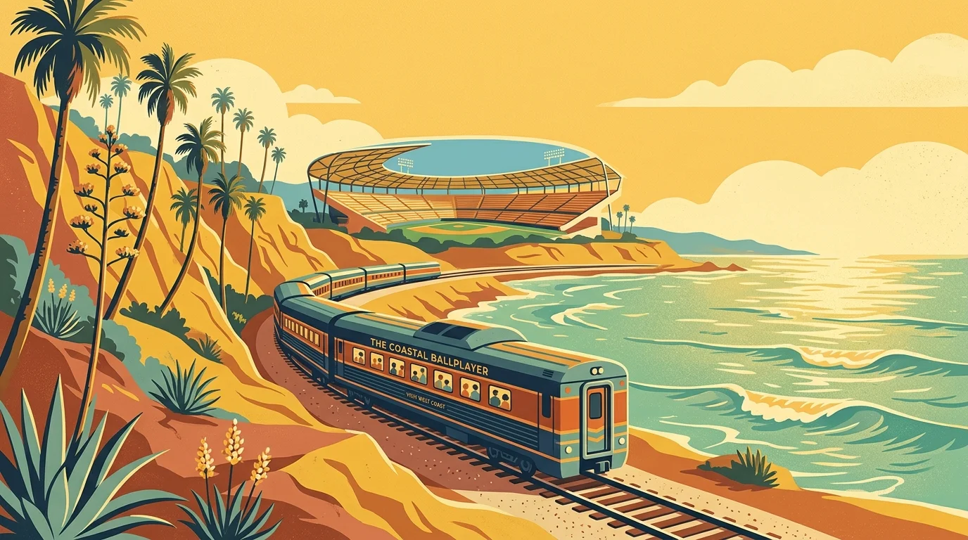 Illustration of a passenger train curving along a coastal cliff with palm trees toward a baseball stadium by the ocean.