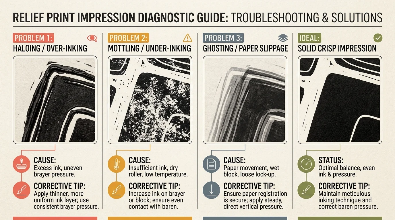 Diagnostic guide comparing four relief print impressions: over-inking halos, mottling, paper slippage, and an ideal print.
