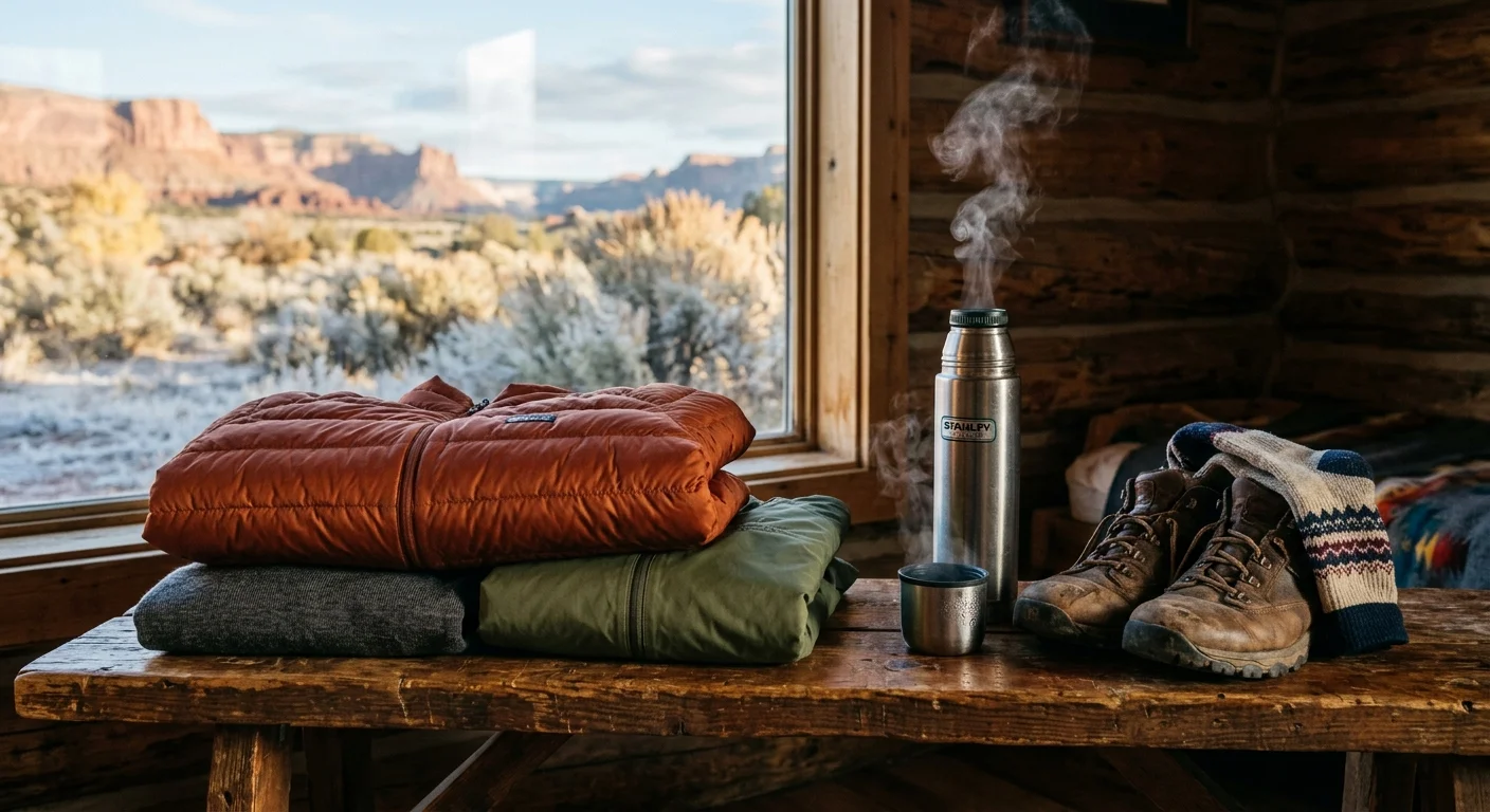 Folded jackets, hiking boots, and a steaming thermos sit on a rustic wooden bench before a cabin window.