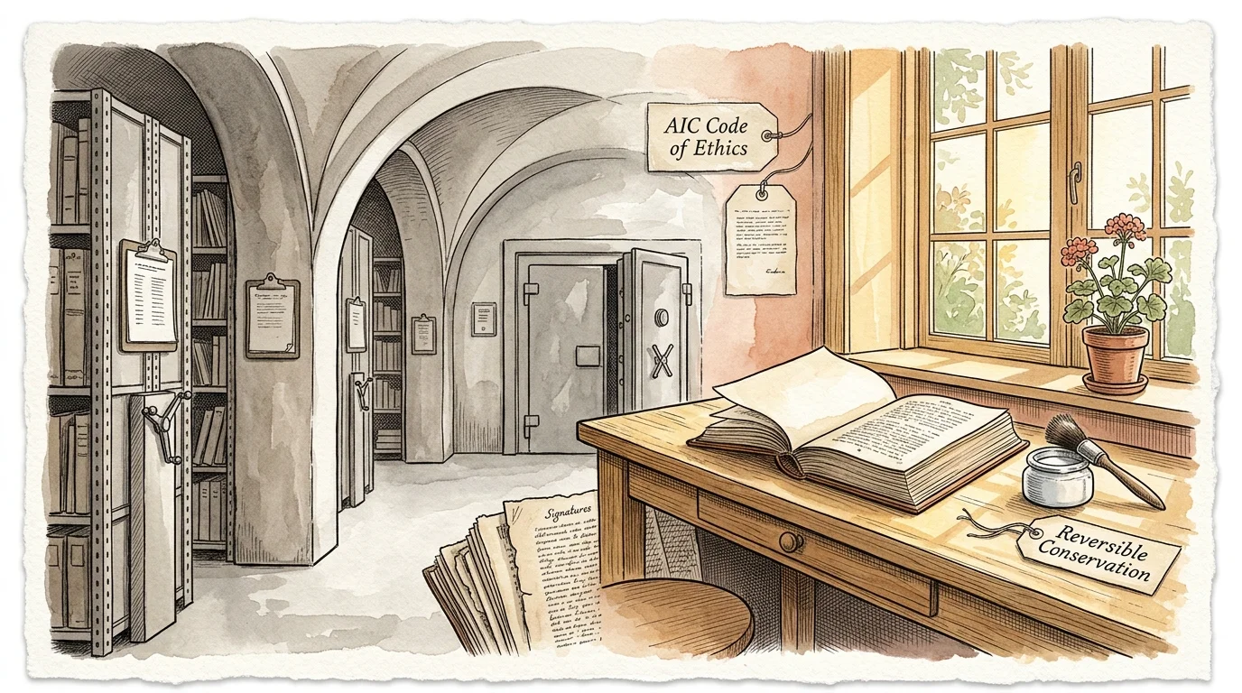 Split illustration showing archival vault shelving in monochrome on the left and a sunny home book restoration desk on the right.