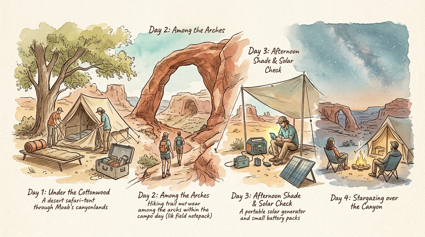 Four watercolor panels illustrating a four-day desert camping trip with canvas tents, hiking arches, and portable solar gear.