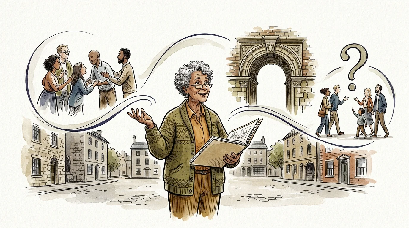 A woman holding a book on a historic street is flanked by vignettes of tour groups, an arch, and a question mark.