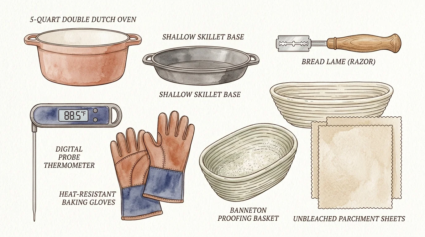 Illustrated baking tools including a double Dutch oven, shallow skillet base, lame, thermometer, gloves, and banneton.
