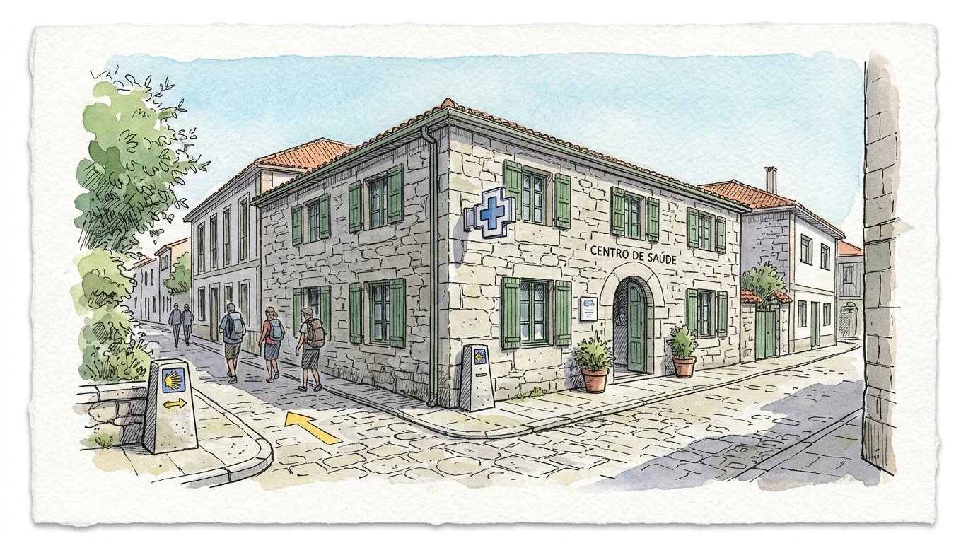 Watercolor illustration of a stone health center building labeled Centro de Saúde along a paved Camino trail.