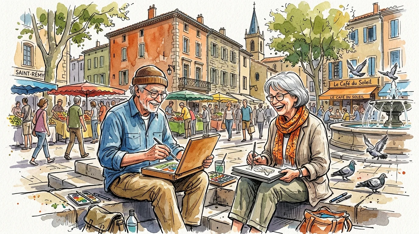 Watercolor illustration of an older man and woman sketching together on stone steps in a bustling European town square.