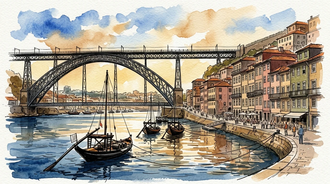 Watercolor illustration of Porto's Dom Luís I Bridge over the Douro River, lined with traditional boats and waterfront buildings.