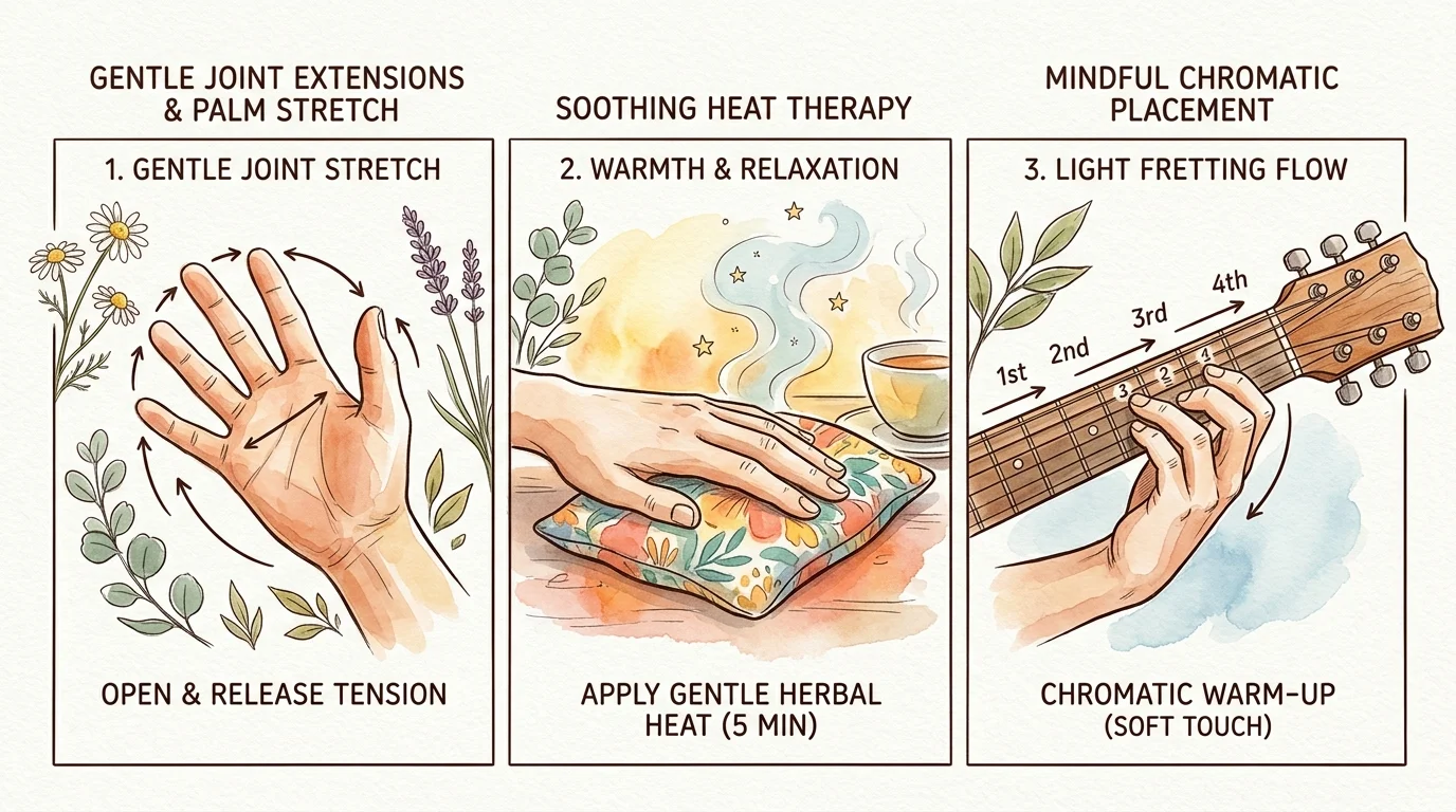 Three-panel watercolor diagram illustrating hand stretches, heat therapy on a floral cushion, and guitar fretting warm-ups.