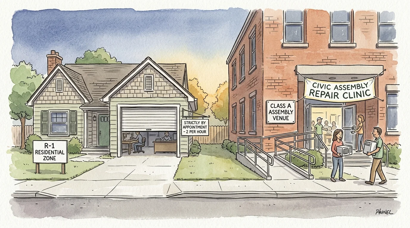 Split illustration contrasting a quiet R-1 residential garage with an active brick Class A civic assembly repair clinic.