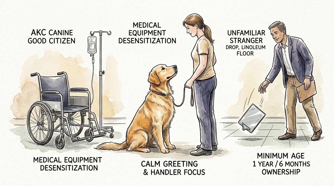 Illustration of a golden retriever and handler being evaluated near a wheelchair, IV pole, and a man dropping a clipboard.