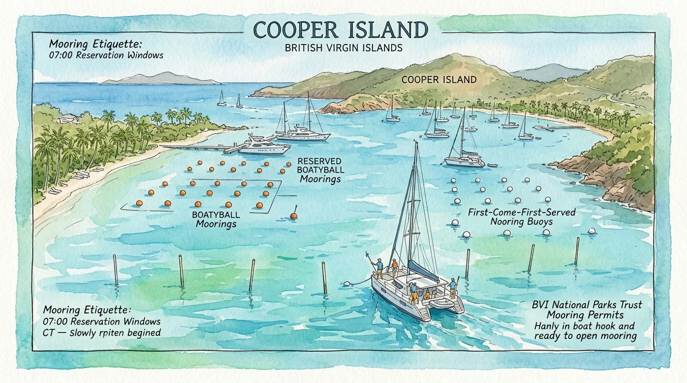 Watercolor illustration of Cooper Island harbor showing reserved BoatyBall moorings, first-come buoys, and a catamaran.