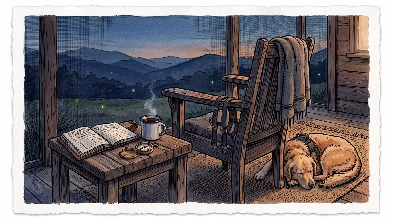 Illustration of a sleeping golden retriever under a porch chair overlooking twilight mountains next to a warm mug.
