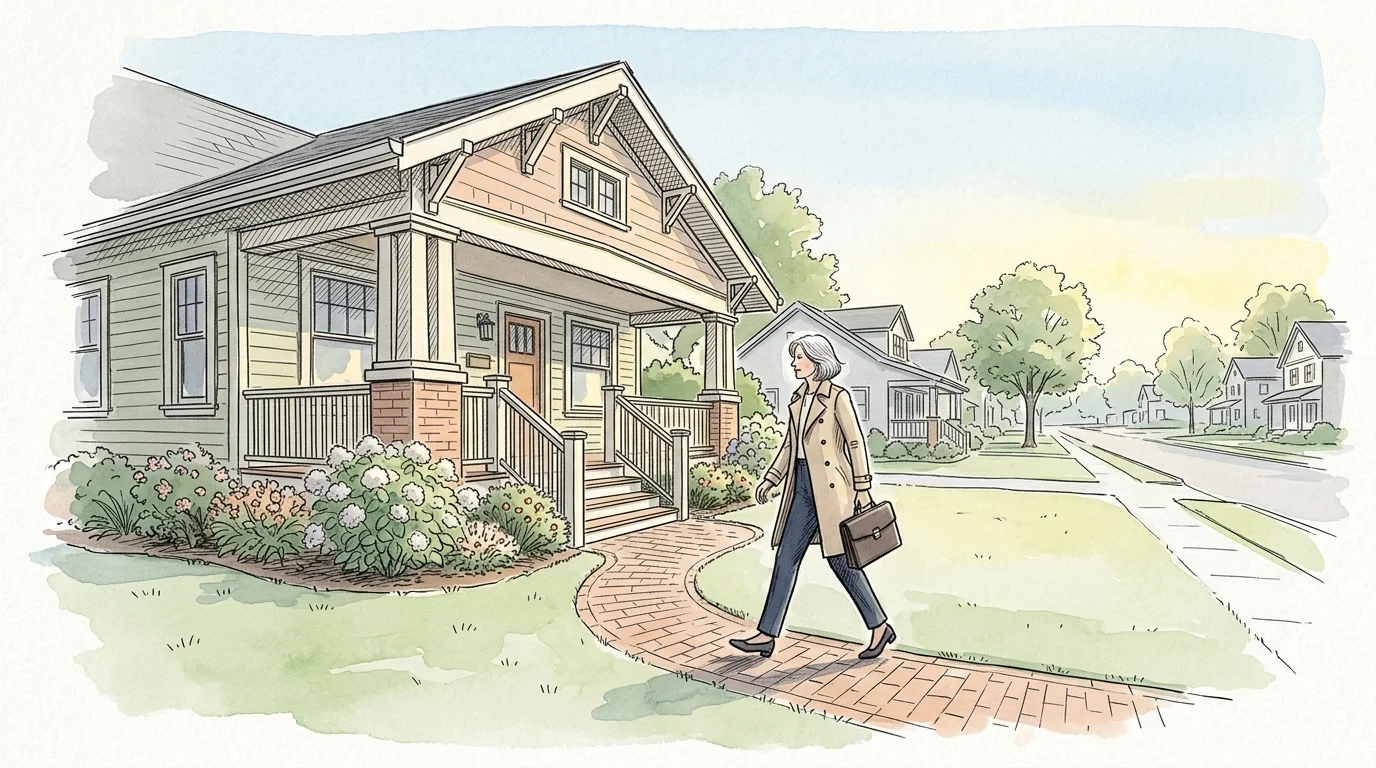 Illustration of a woman in a trench coat holding a briefcase, walking down a brick path from a craftsman house.