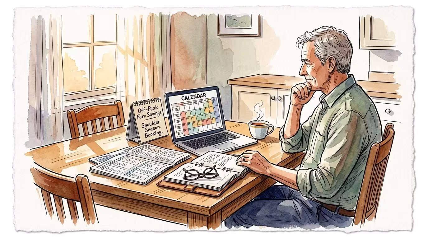 Watercolor sketch of an older man at a wooden table looking at a calendar on a laptop beside a notebook.