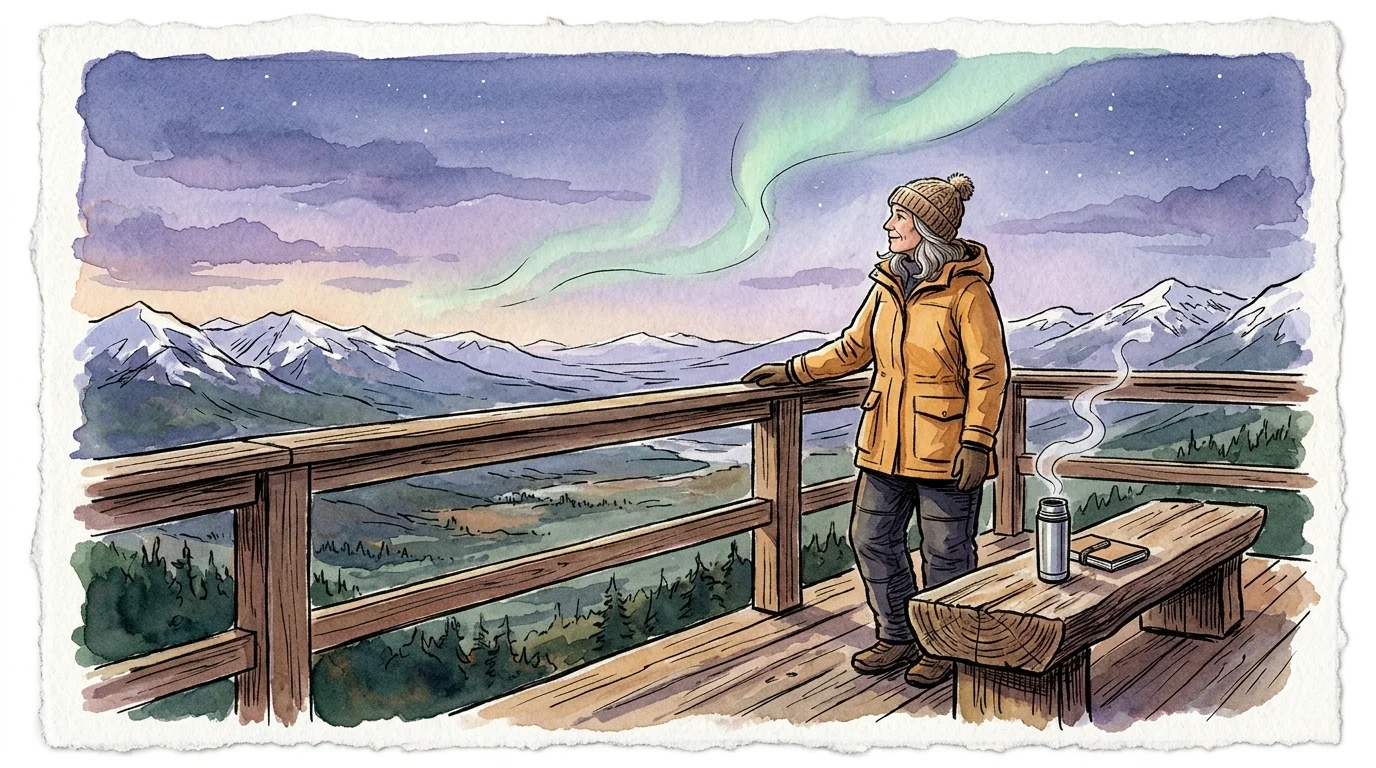 Watercolor illustration of an older woman on a wooden balcony viewing green aurora borealis over snowy mountains.