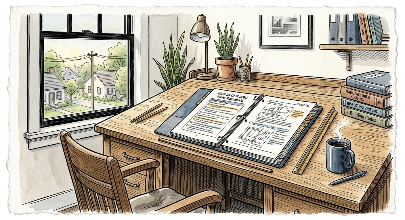 Illustration of an open binder labeled HUD field standards on a wooden desk beside a window, coffee mug, and books.