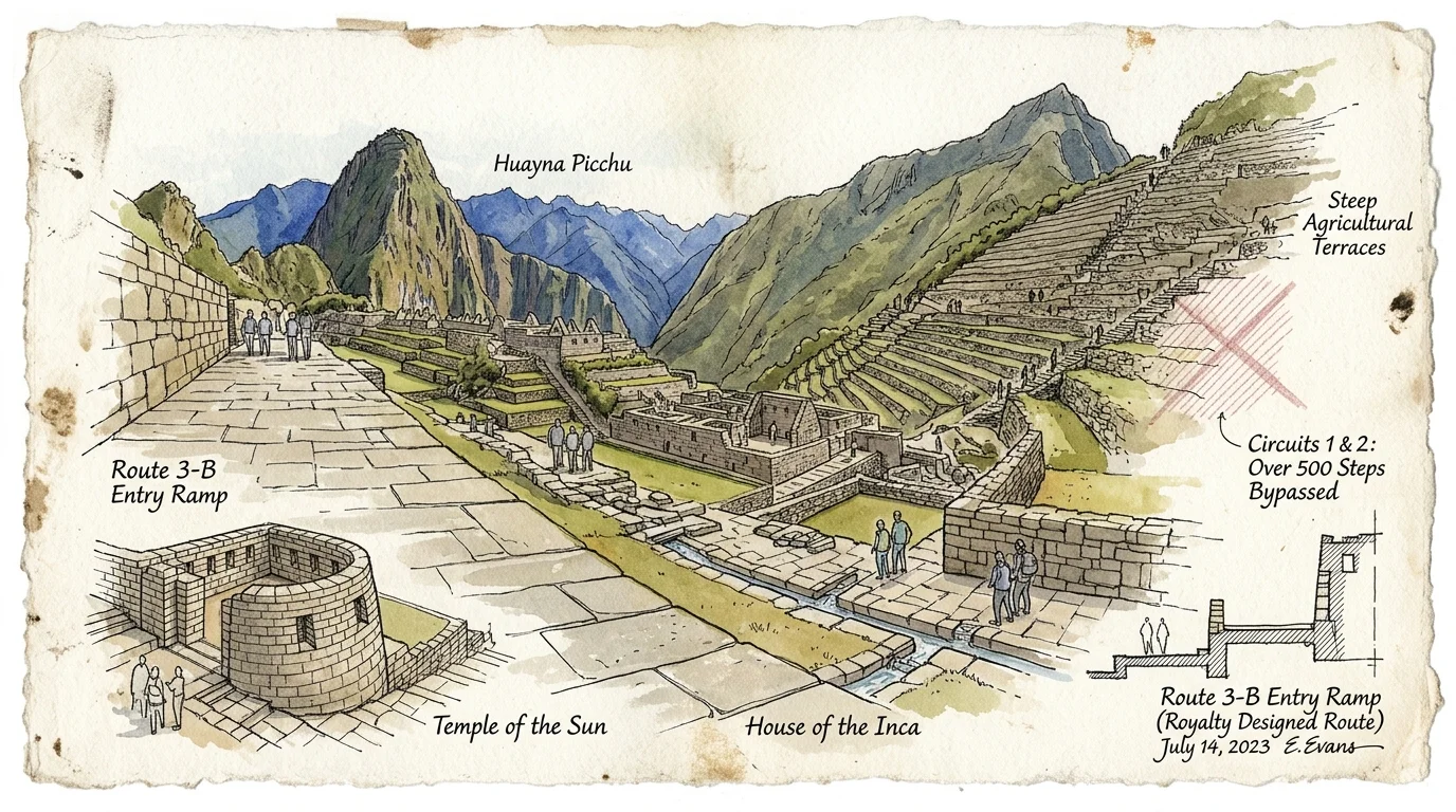 Architectural watercolor illustration of Machu Picchu showing Route 3-B entry ramp, labeled landmarks, and steep terraces.