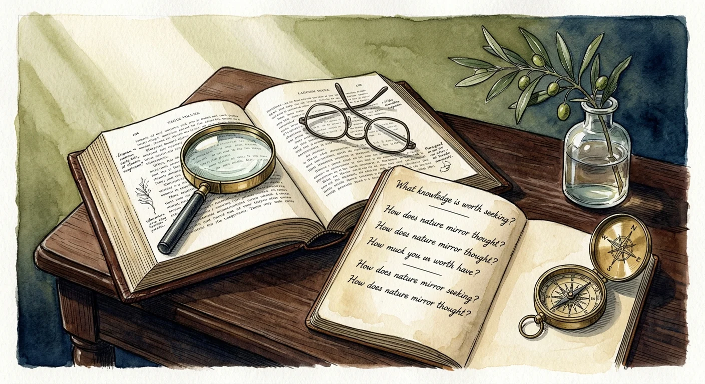 Watercolor of open books, spectacles, a magnifying glass, a compass, and an olive branch in a jar on a desk.