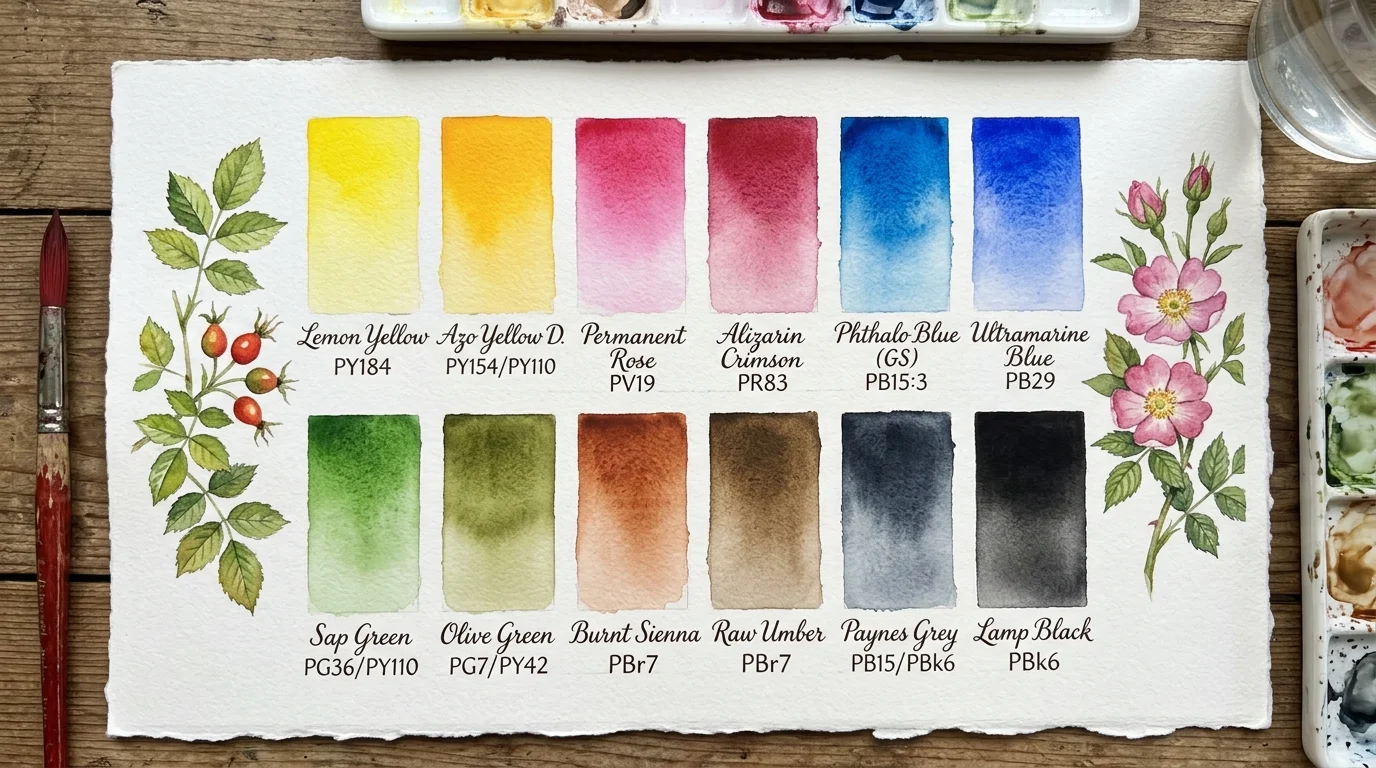 Watercolor swatch card showing twelve color gradients with pigment codes, flanked by illustrations of rose hips and blooms.