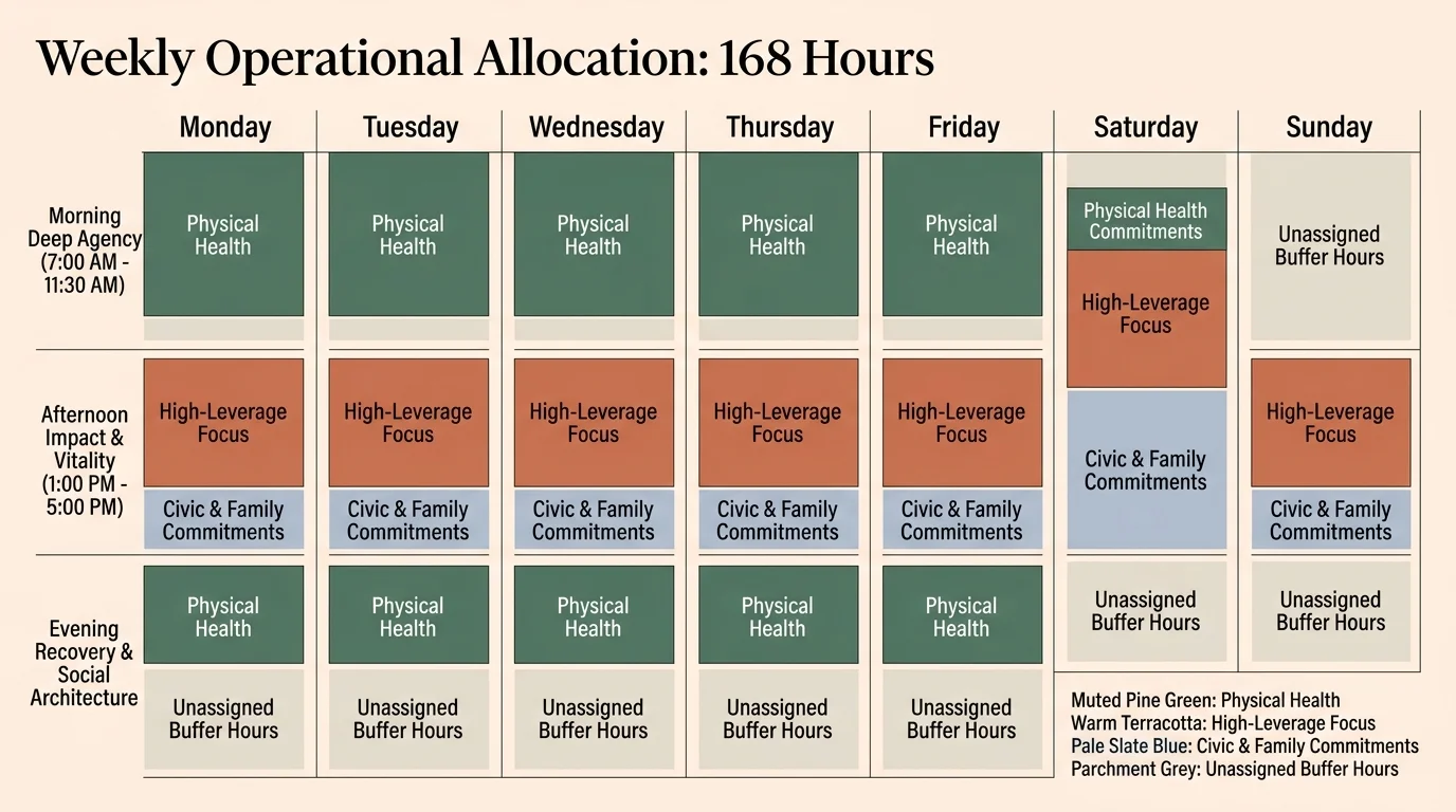 Weekly schedule chart allocating 168 hours across days and time blocks like Morning Deep Agency and Afternoon Impact.