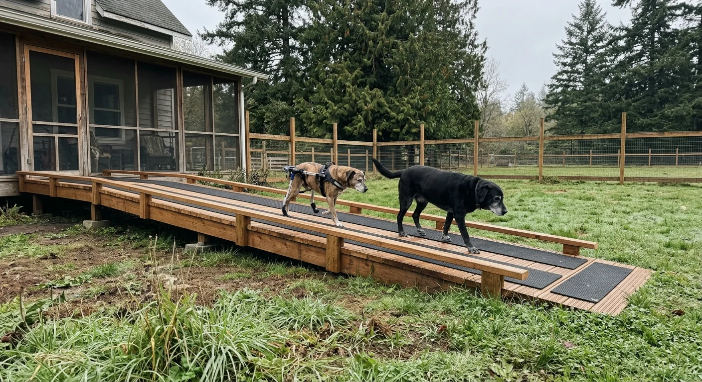 Two senior dogs walk down a long wooden ramp with non-slip black mats leading from a screened porch to a grassy yard.