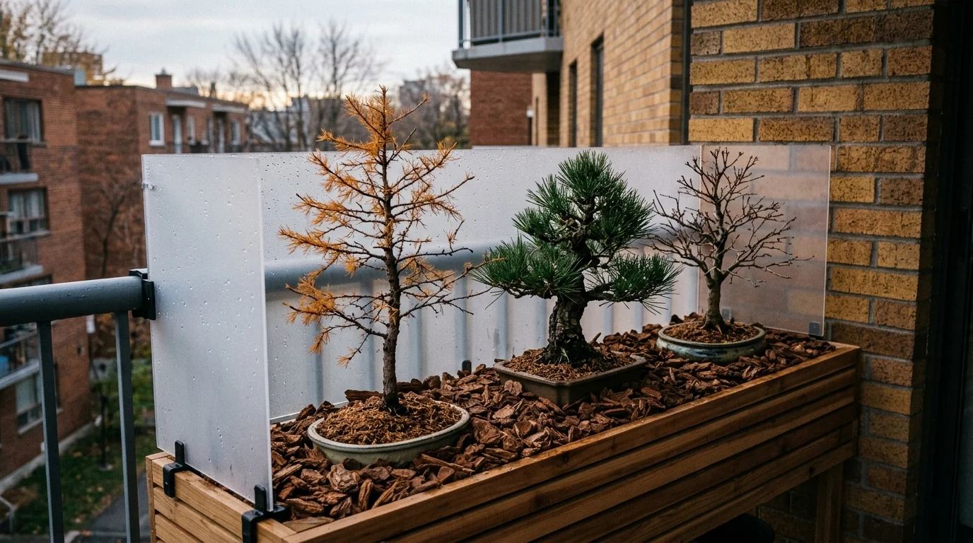 Three small bonsai trees sitting in wood mulch inside a balcony planter shielded by frosted acrylic panels.