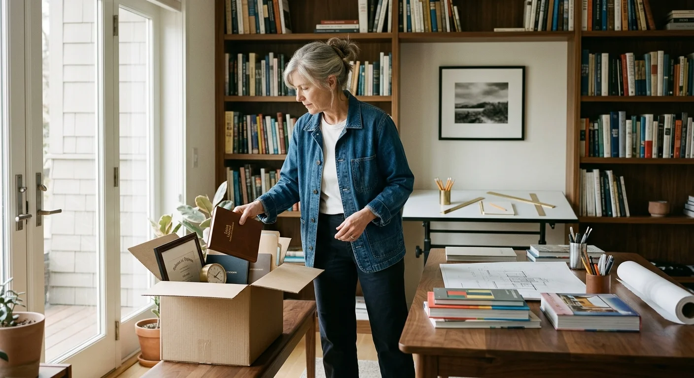 A mature woman in a denim jacket unpacks office items from a cardboard box in a home study lined with bookshelves.